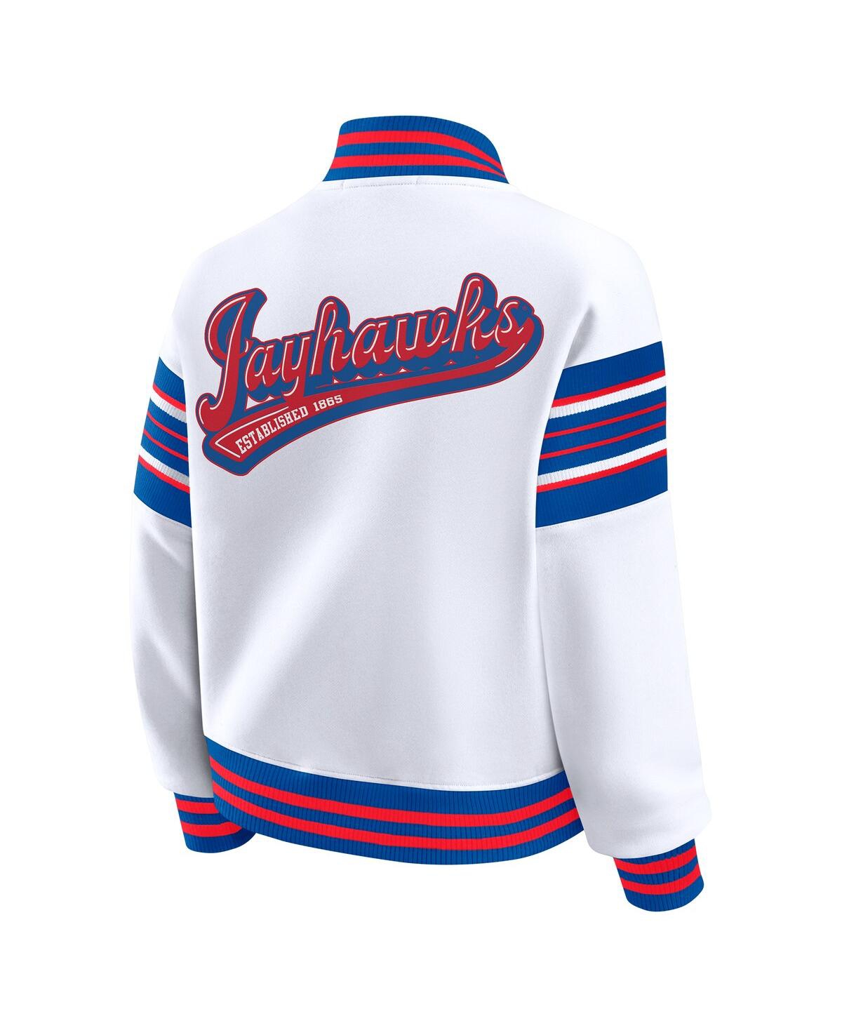 Wear By Erin Andrews Women's White/royal Kansas Jayhawks Satin Stitch Full-snap Fleece Sweatshirt Jacket In White