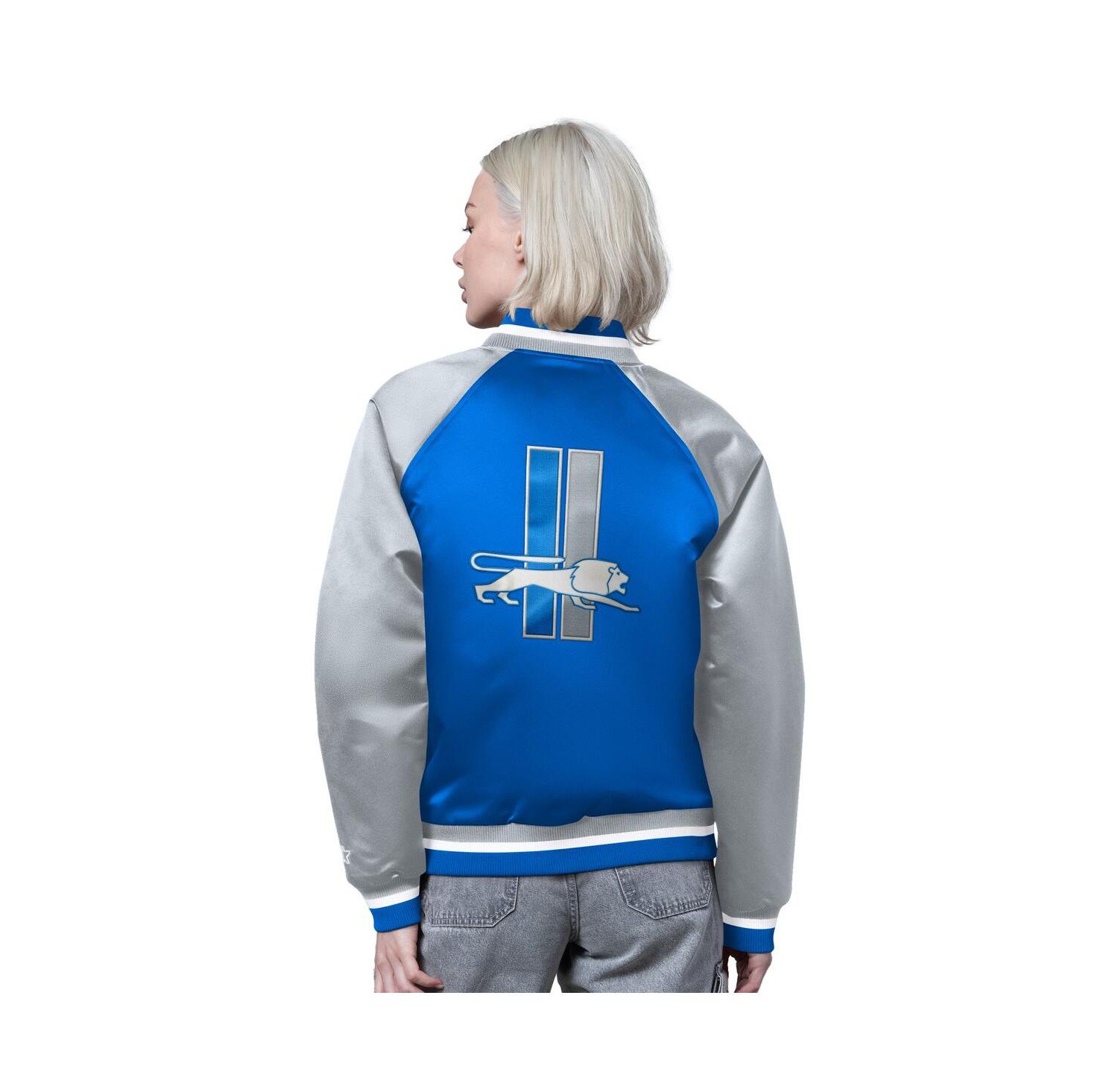 Women's Blue/Silver Detroit Lions Satin Full-Snap Vintage Varsity Jacket