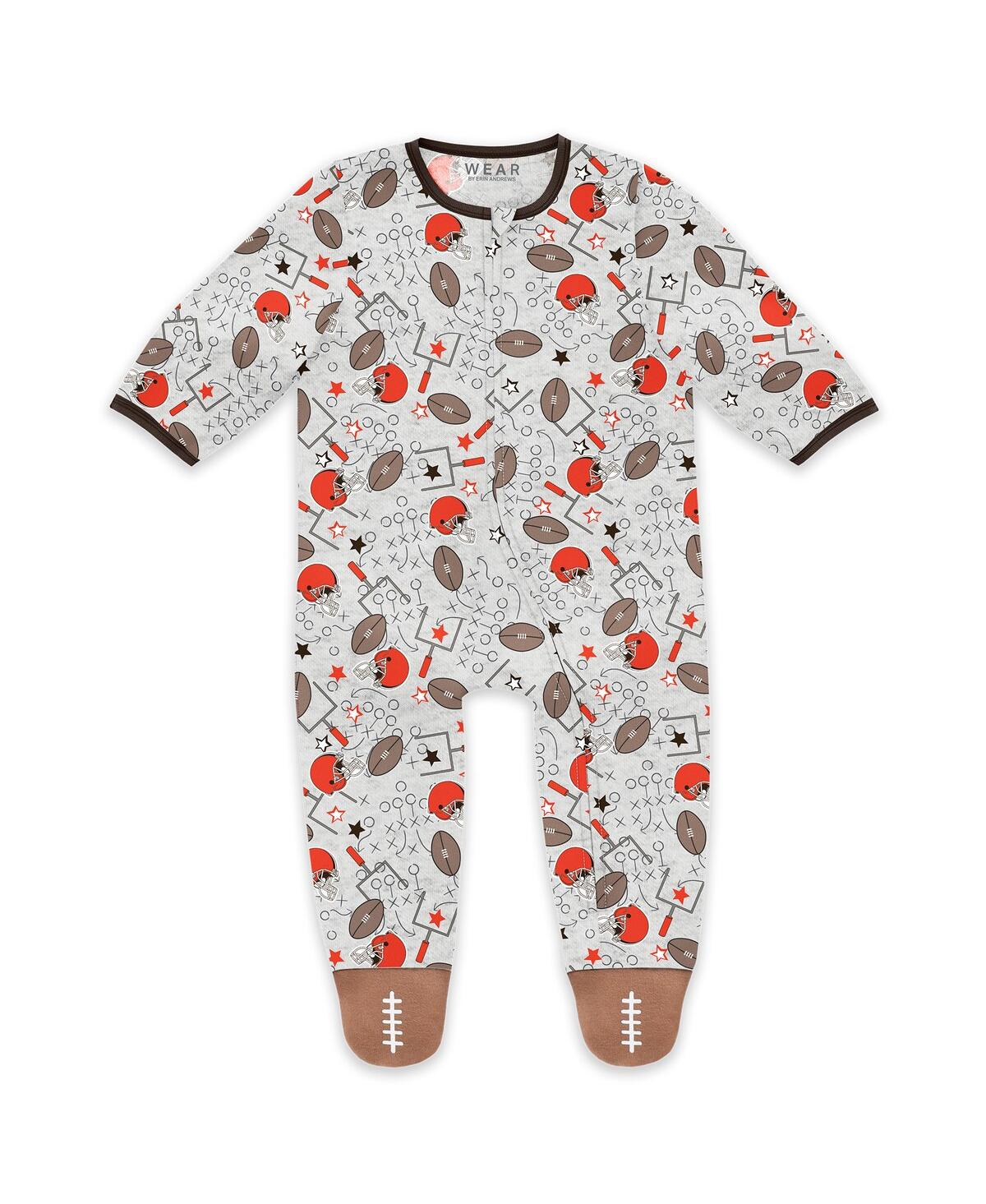 Wear By Erin Andrews Baby Boys And Girls Newborn Cleveland Browns Sleep And Play Full-zip Sleeper Bib Set In Gray