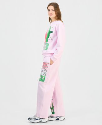 Wicked Juniors Glitter Crewneck Sweatshirt High Rise Drawstring Fleece Pants In Pink