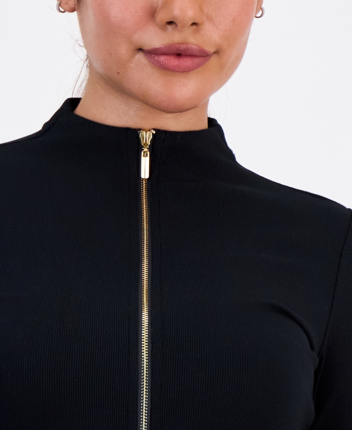Inc International Concepts Petite Mock-neck Zip-front Top, Macy's Exclusive In Black