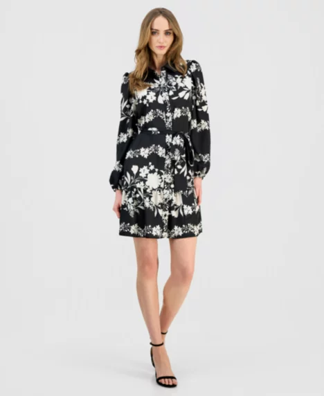Petite Printed Tiered Shirt Dress - ANNE BLACK MULTI