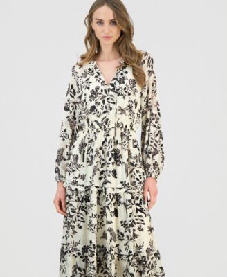 Women's Printed Tie-Neck Tiered Maxi Dress