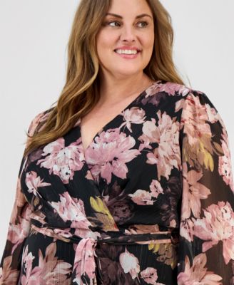 Plus Size V-Neck Belted Long-Sleeve Maxi Dress