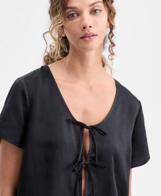 Women's Crepe de Chine 2-Piece Short-Sleeve Top and Pants Pajama Set