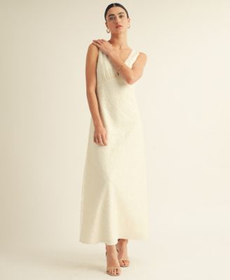 Women's V-Neck Scalloped Lace Tie-Back Slip Midi Dress