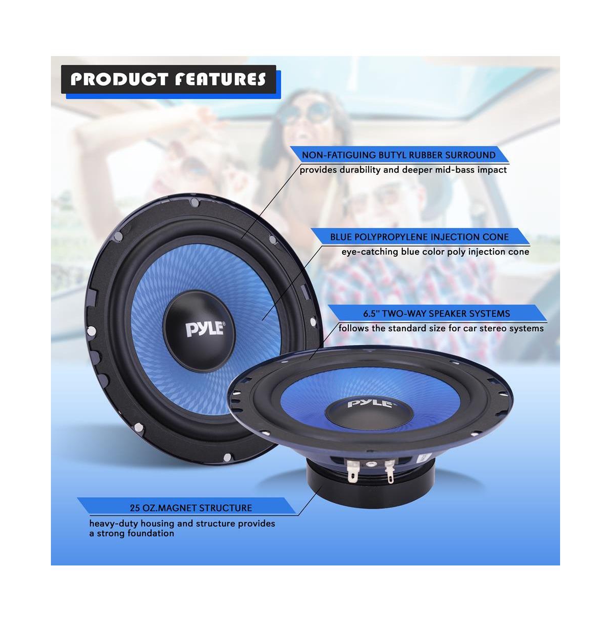 Pyle 6.5'' Two-Way Component Speaker System, 360W, 4 Ohm, Blue (Pair)