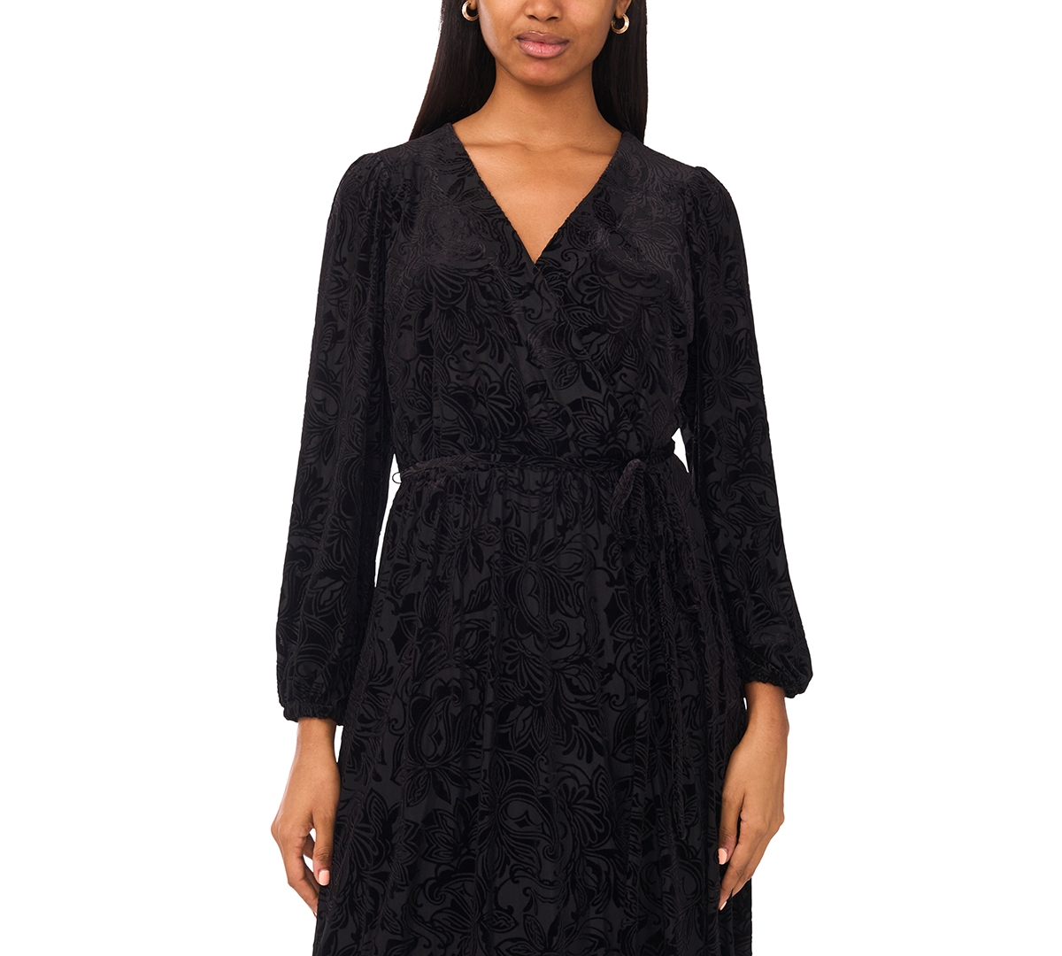 Msk Women's Long Sleeve V-neck Velvet Maxi Dress In Black