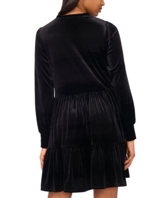 Women's Split-Neck Blouson-Sleeve Tiered Velvet Shift Dress