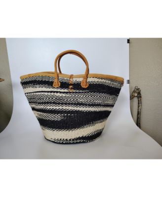 Art Spiral Black and White Handmade Sisal Straw Basket Tote