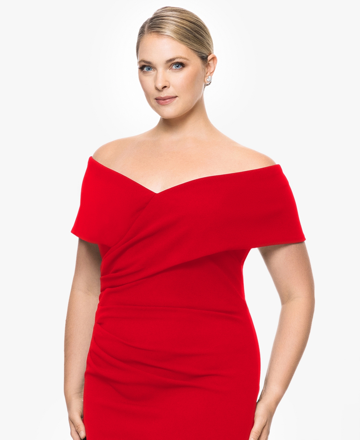 Betsy & Adam Plus Size Sweetheart Off-the-shoulder Gown In Red