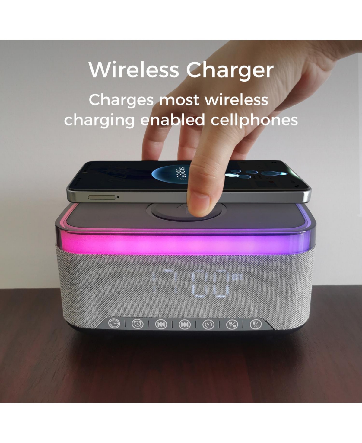 Alpha Digital 10W Bluetooth Stereo Speaker-Alarm Clock, Wireless Charging, Rgb light