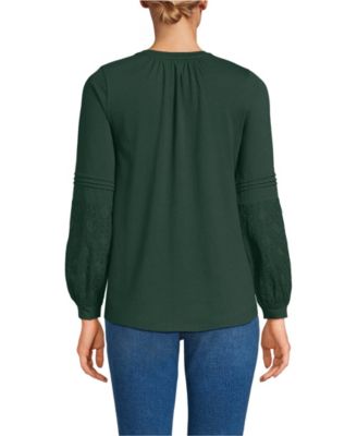 Women's Lightweight Jersey Lace Mix Long Sleeve Pintuck Top