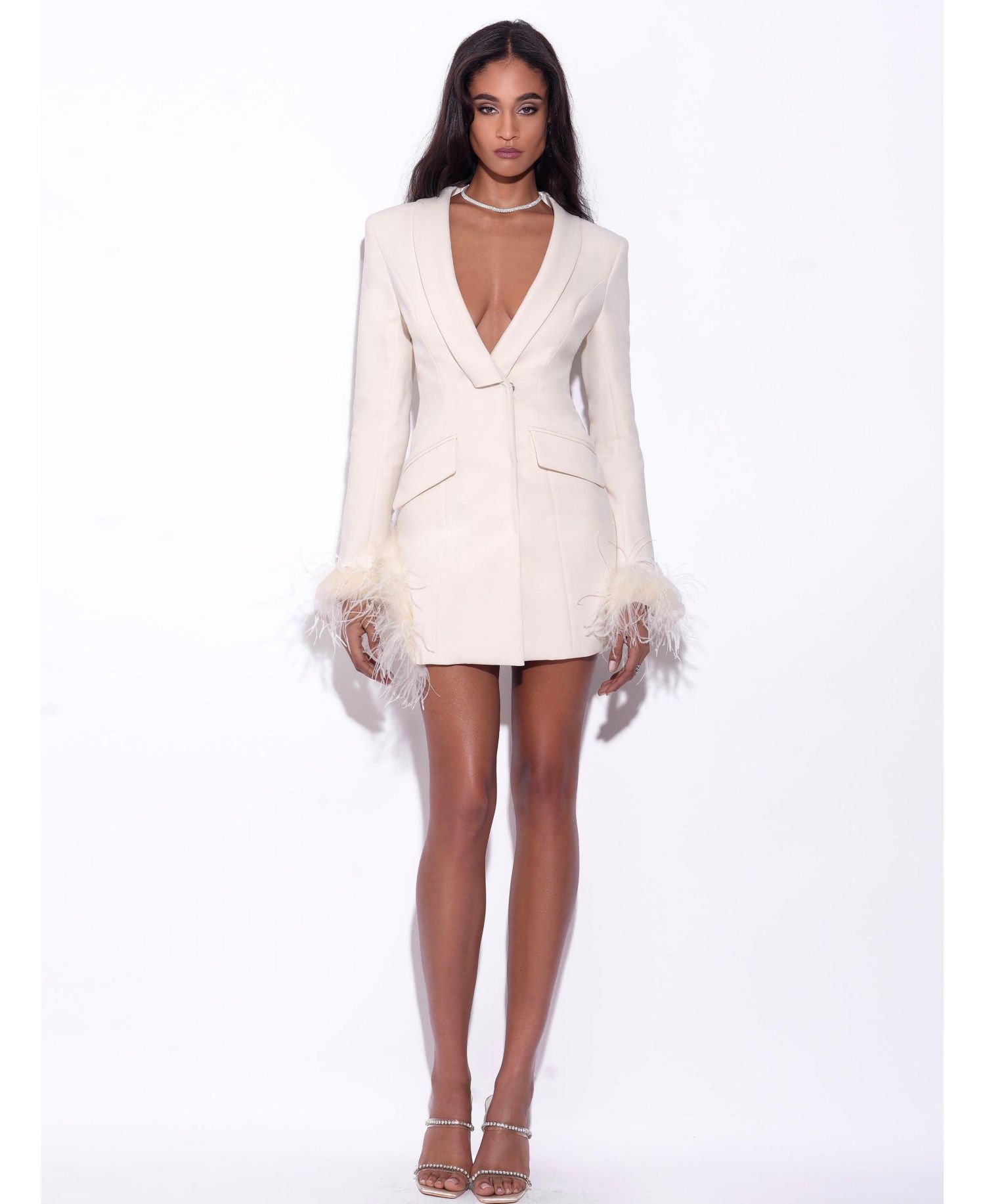 Women Madeline Pearl White Feather Trim Blazer Dress
