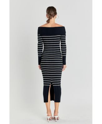 Women's Off Shoulder Fold Striped Maxi Dress