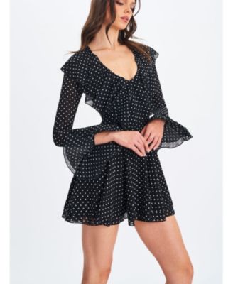 Women Omari Black Chiffon Polka Dot Ruffled Neckline Mini Dress