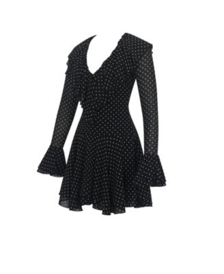 Women Omari Black Chiffon Polka Dot Ruffled Neckline Mini Dress