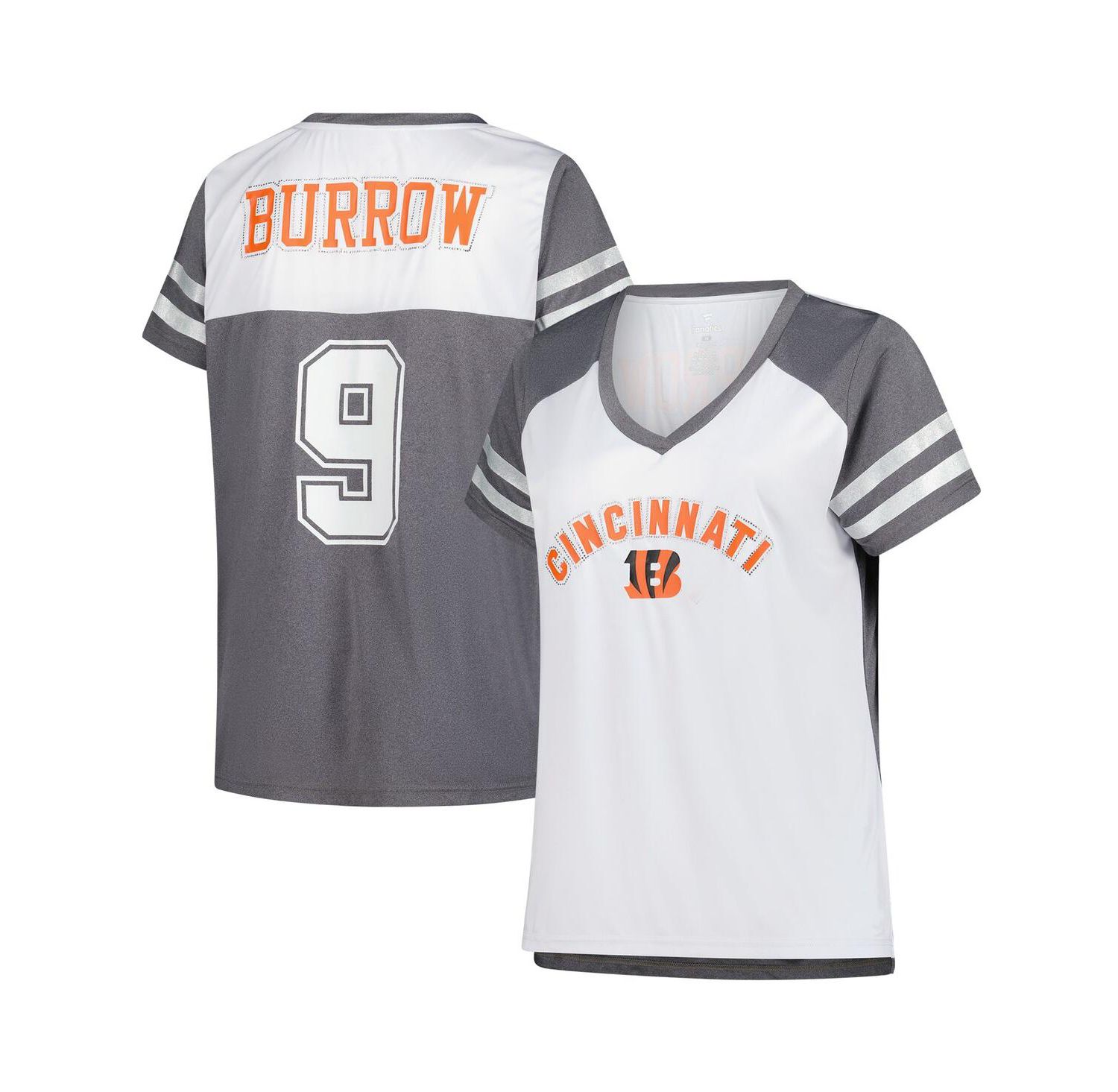 Women's Joe Burrow White Cincinnati Bengals Plus Size Bling Raglan V-Neck T-Shirt