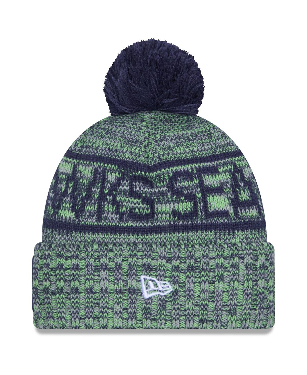 New Era Men's Neon Green Seattle Seahawks 2025 Sideline Cold Weather Cuffed Pom with Knit Hat