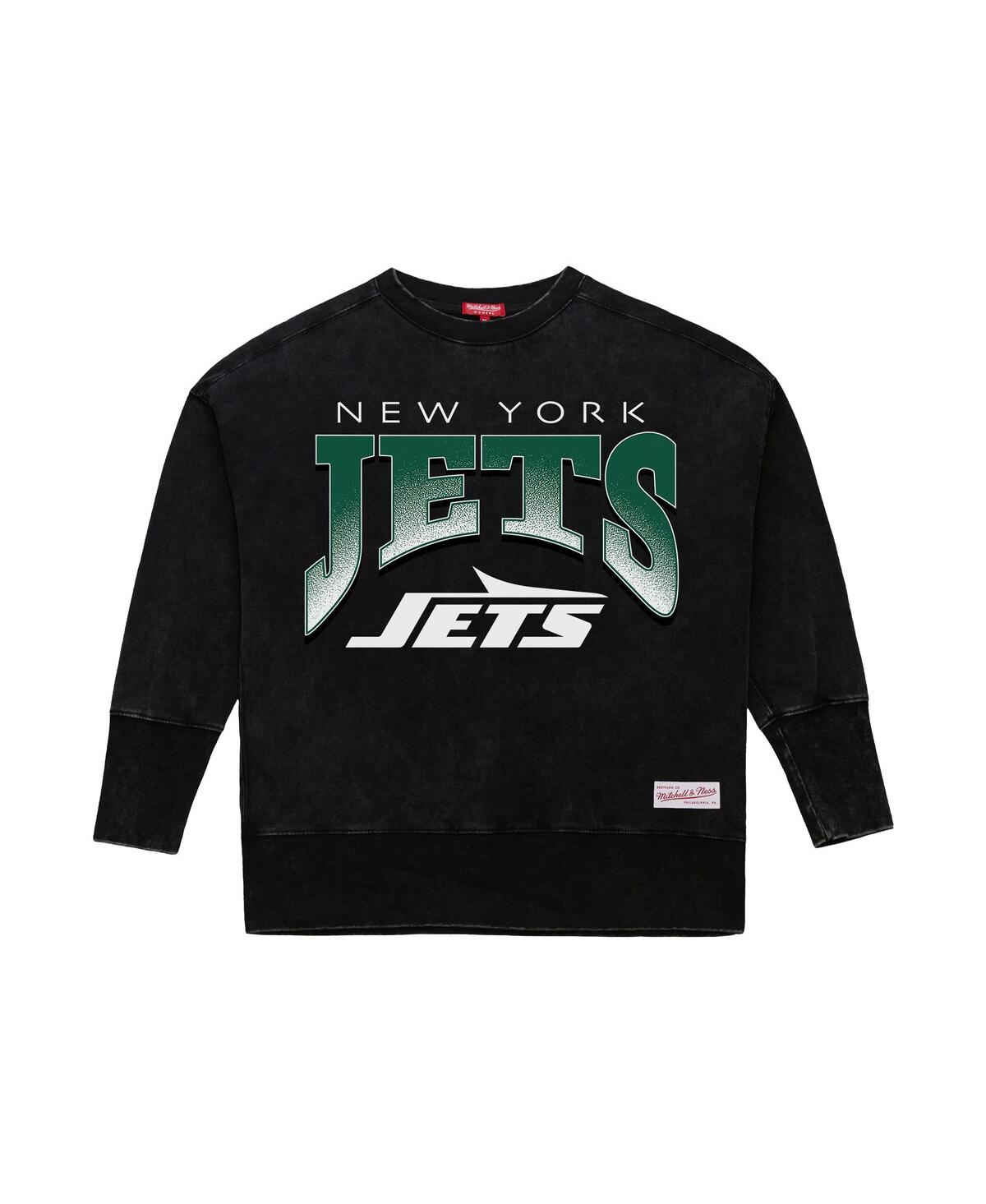 Mitchell & Ness Women's Black New York Jets Delineate Mineral Wash Crewneck Sweatshirt In Black