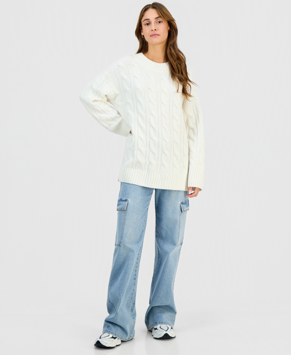 Hippie Rose Juniors' Oversized Cable-Knit Sweater