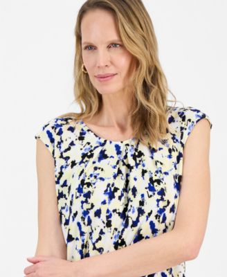 Women's Printed Pleat-Neck Extended-Sleeve Top, Regular & Petite