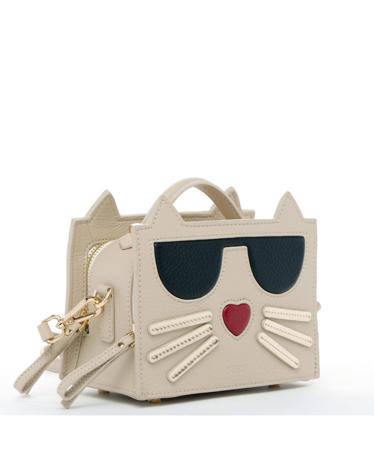 Pebble Leather Cat Crossbody Bag Cute Top Handle Purse Small Shoulder Handbag for Women & Girls with Gold Hardware and Detachable Strap