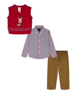 Baby Boys' Holiday Reindeer Sweater Vest, Shirt and Pants, 3-Piece Set