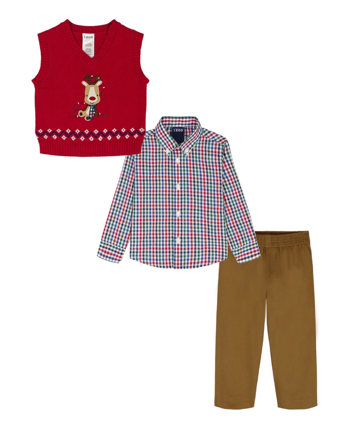 Izod Baby Boys 3-piece Holiday Reindeer Sweater Vest, Shirt And Pants Set In Multi