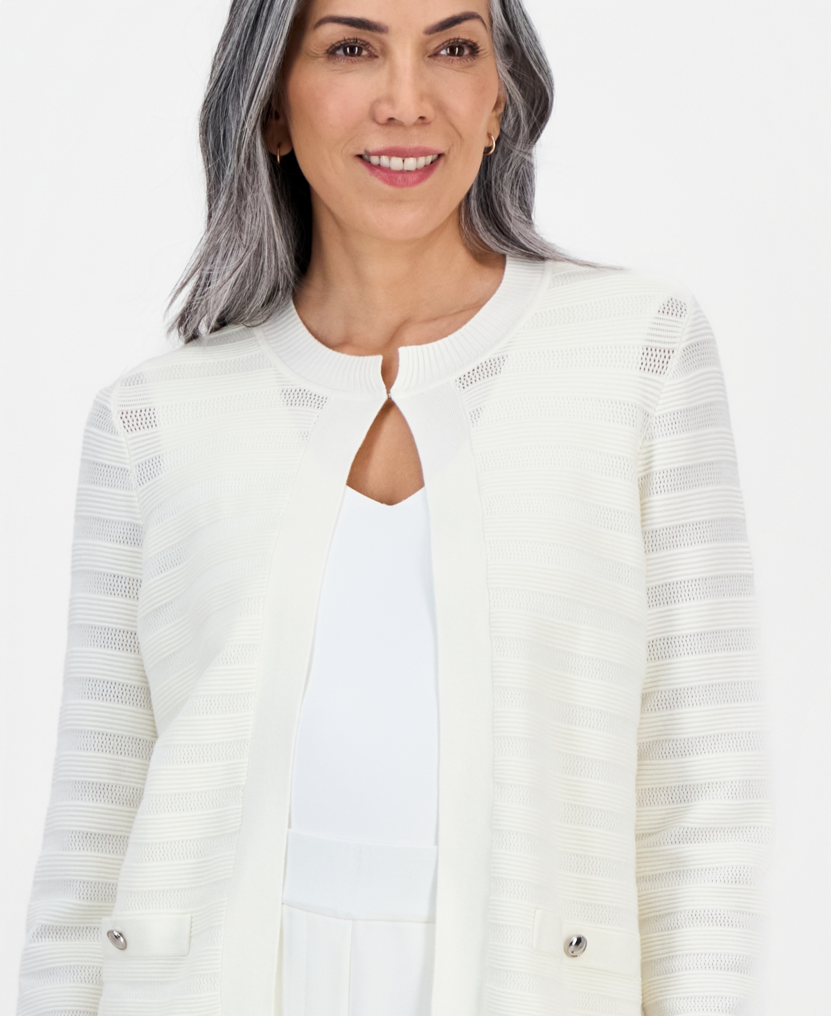 Kasper Women's Ottoman Stitch Long-sleeve Cardigan In White