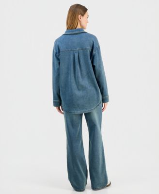 Juniors' Tinted Denim Button-Up Shirt & Wide-Leg Jeans