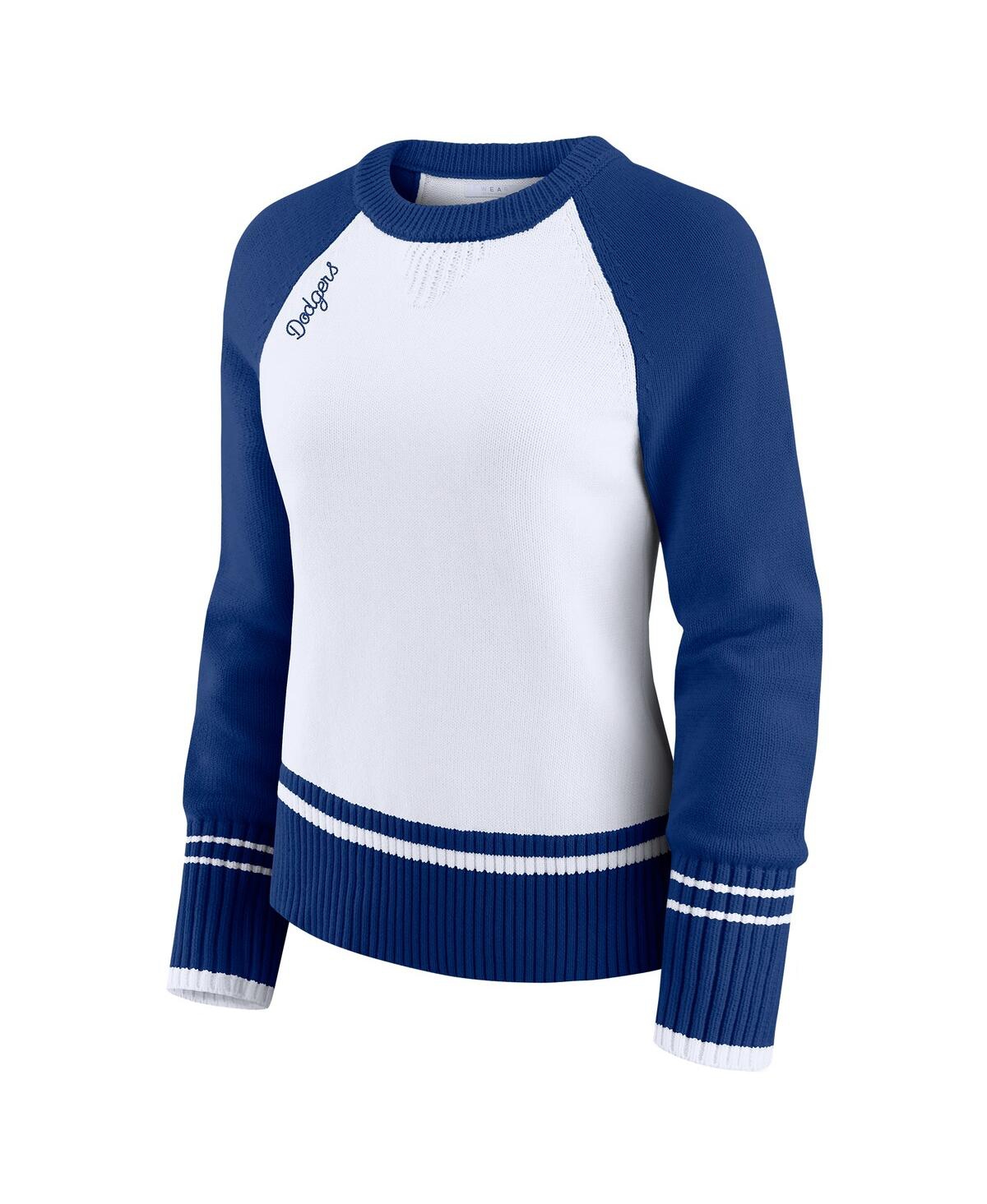 Wear By Erin Andrews Women's White Los Angeles Dodgers Color Block Raglan Sweater In Blue