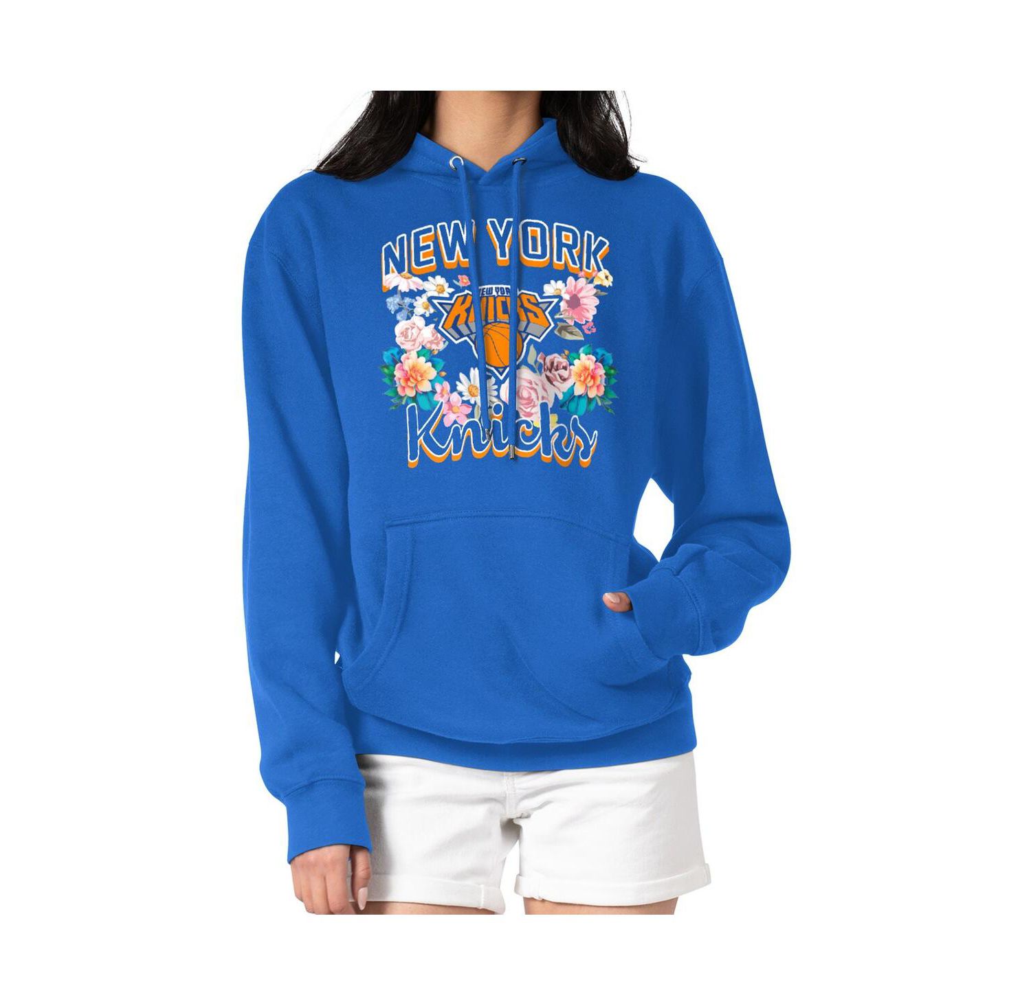 Women's Blue New York Knicks Flowers Team Logo Graphic Fleece Pullover Hoodie