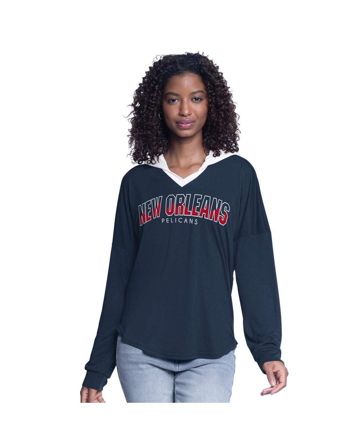 G-iii 4her By Carl Banks Women's Navy New Orleans Pelicans Bench Player Oversized Long Sleeve Hooded Top In Blue