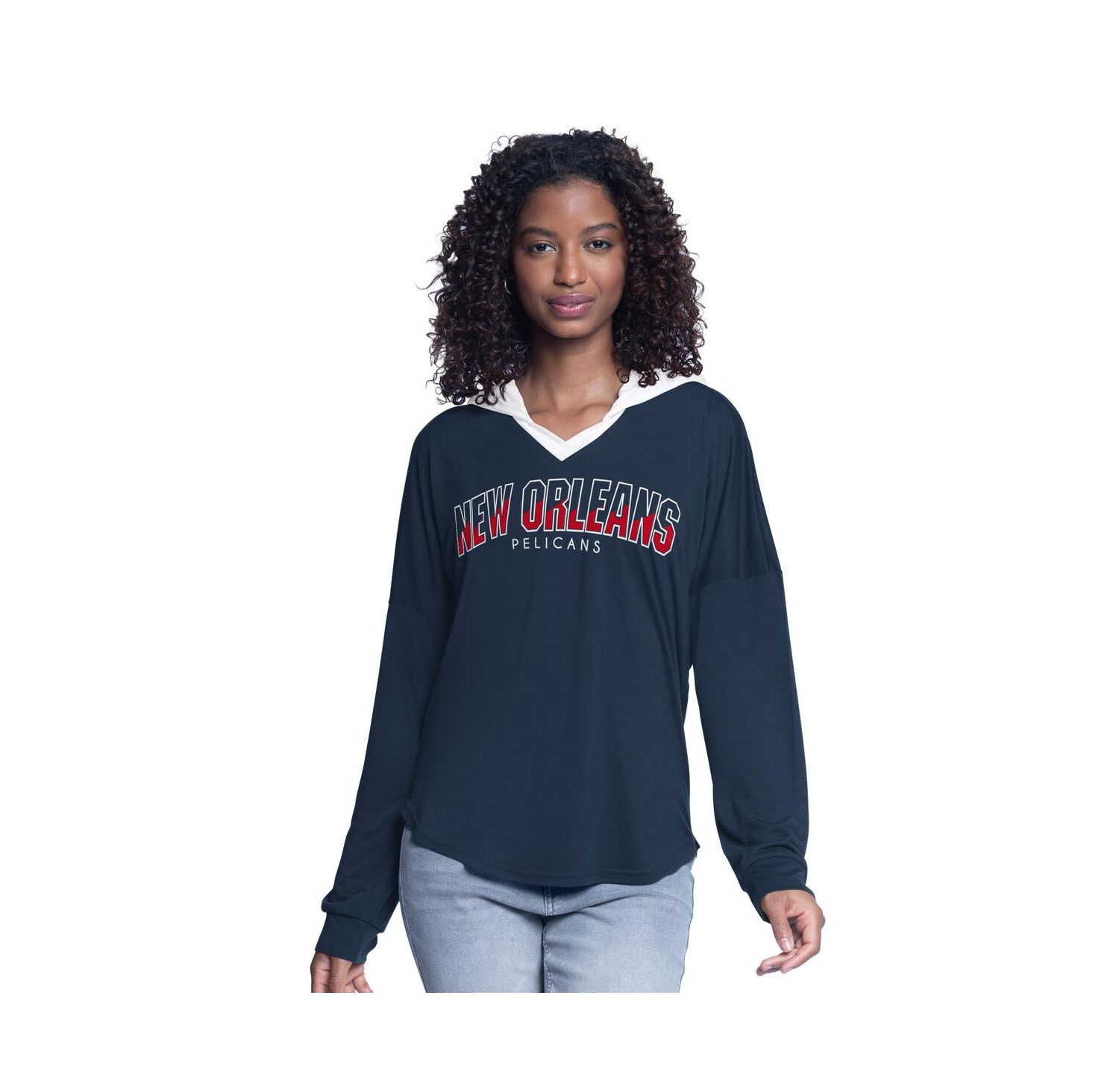 Women's Navy New Orleans Pelicans Bench Player Oversized Long Sleeve Hooded Top