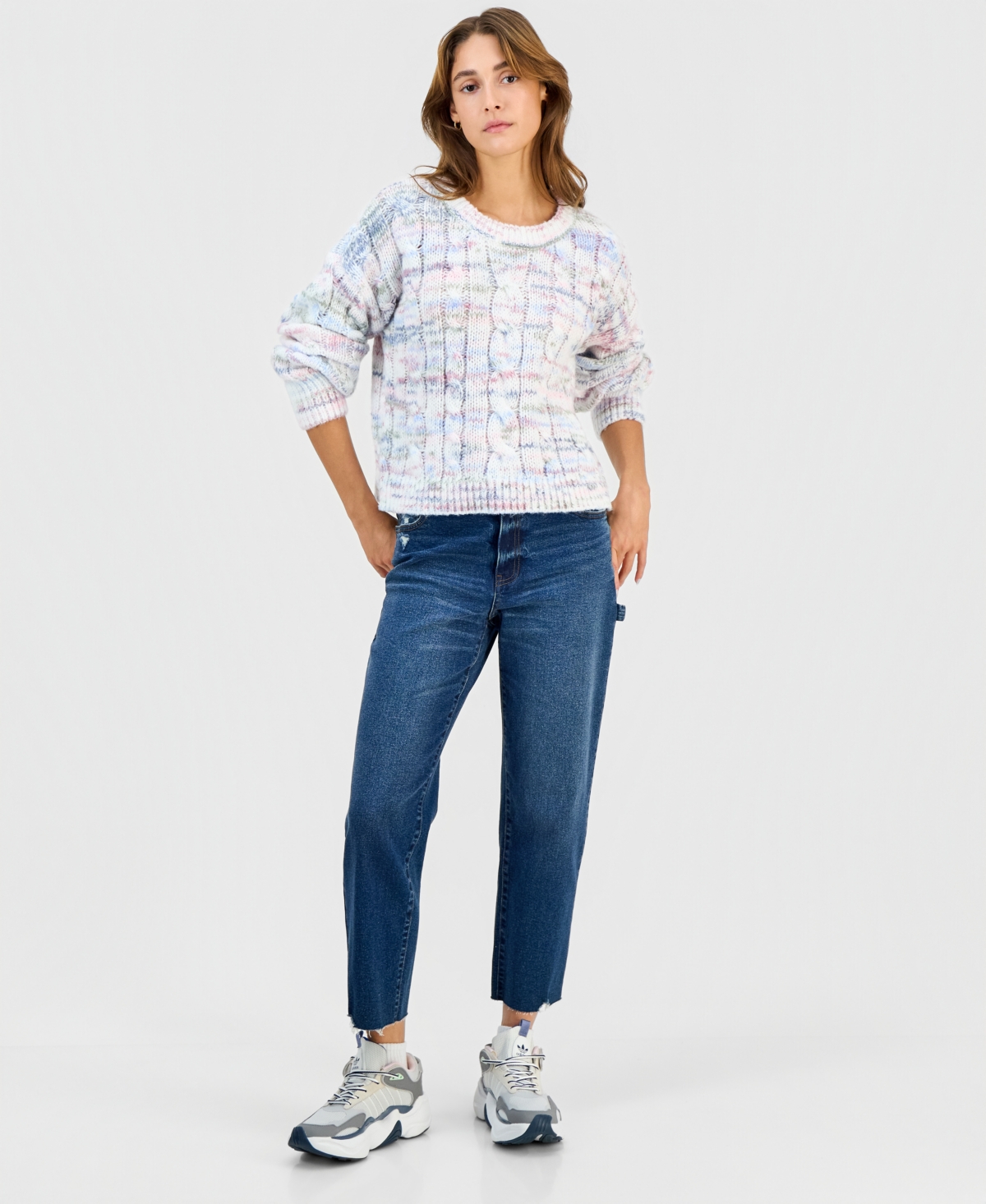 Hippie Rose Juniors' Chunky Cable-knit Crewneck Sweater In Blue