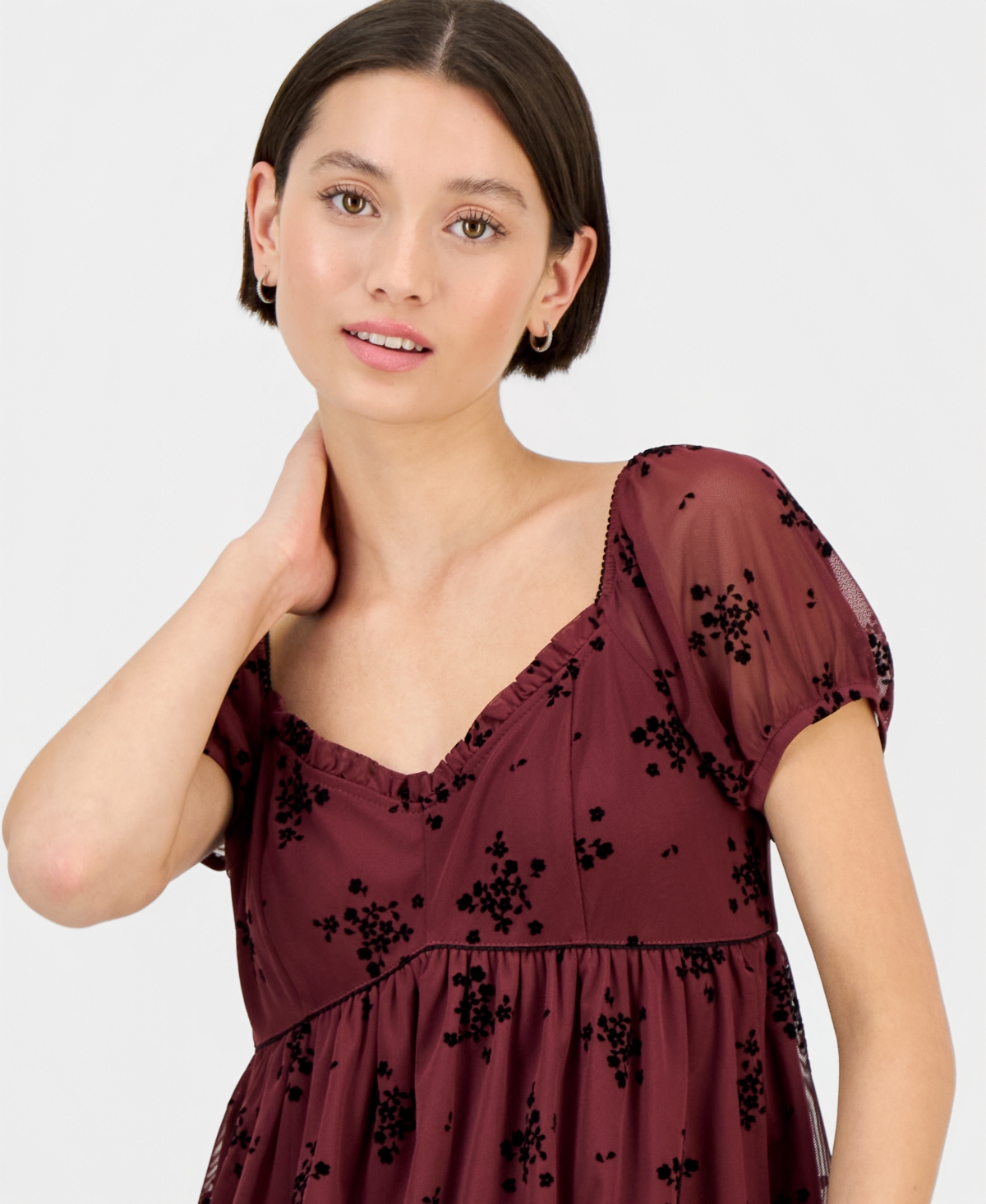 Self Esteem Juniors' Short-sleeve Flocked Babydoll Top In Red