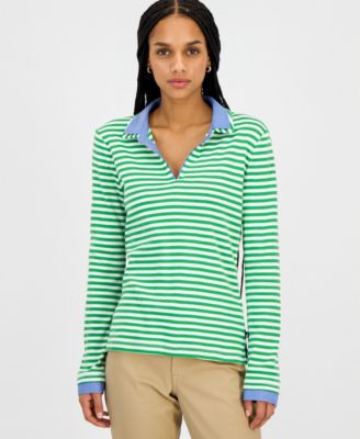 Women's Striped Double Collar Long Sleeve Cotton Shirt