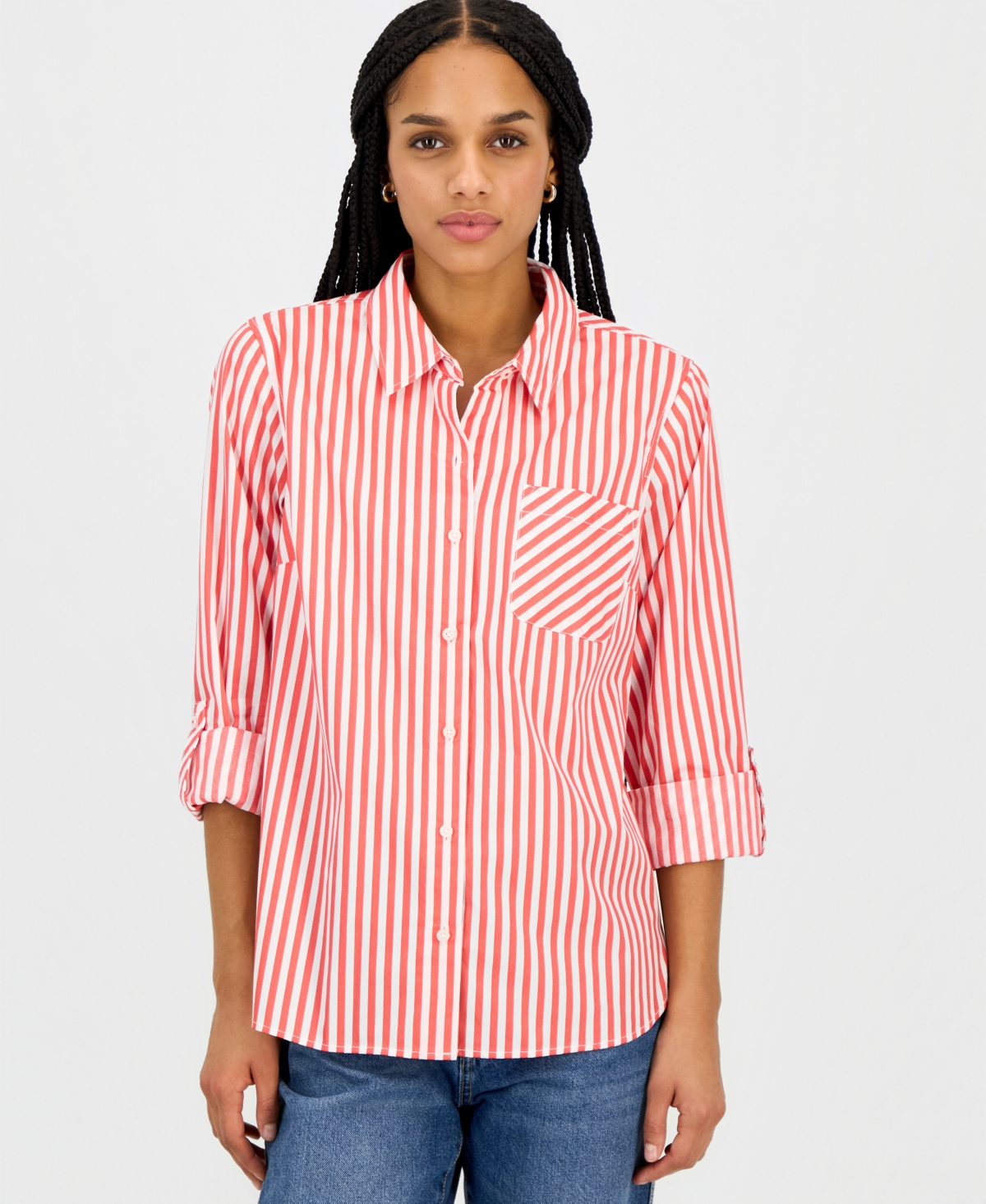 Nautica Jeans Women's Striped Roll-Tab-Sleeve Cotton Shirt