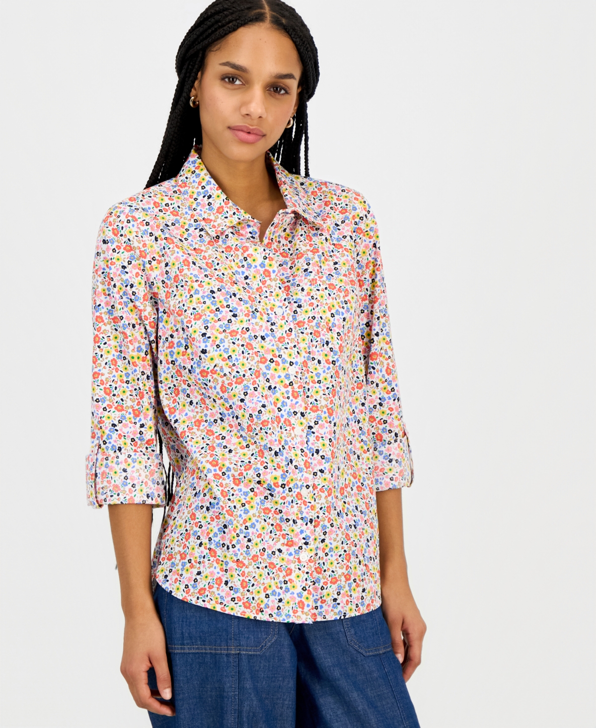 Nautica Jeans Women's Floral-Print Roll-Tab-Sleeve Cotton Shirt