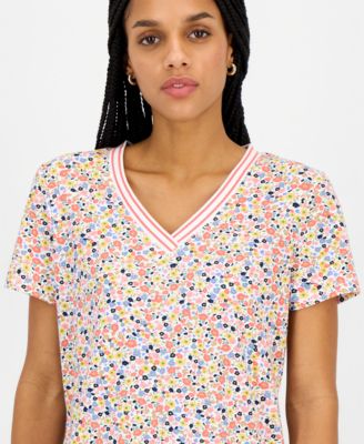 Nautica Women's Floral-Print Tipped T-Shirt
