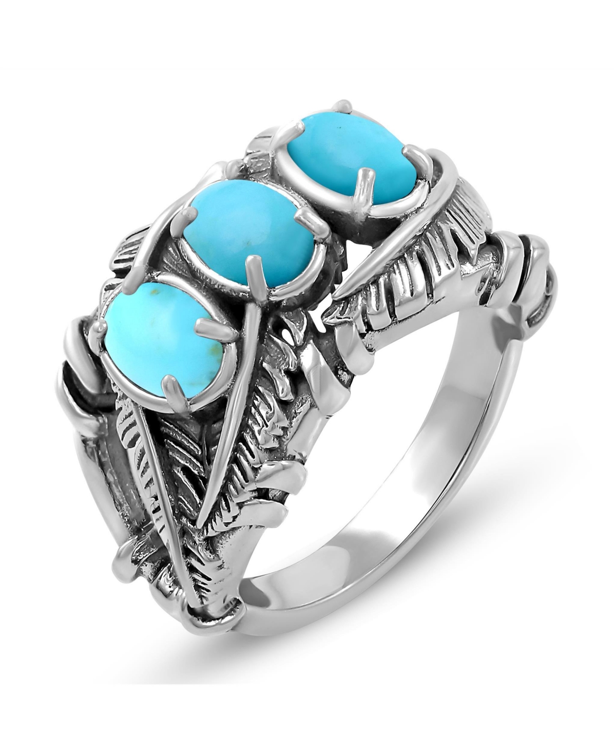 American West Jewelry Sterling Silver Kingman Turquoise Three Stone Feather Ring