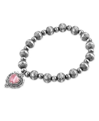 Sterling Silver Rhodochrosite Heart Charm Bead Bracelet, Sizes Medium to Large