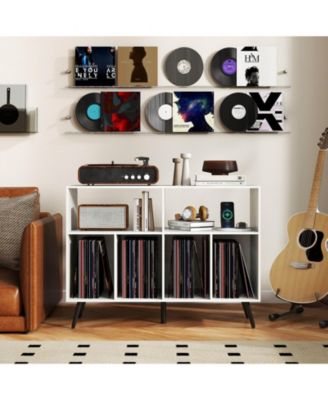 Large MDF Record Player Stand Cabinet with Built-In Power Outlet and Open Shelves