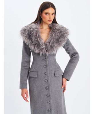 Women's Faye Grey Wool Blend Single-Breasted Coat with Removable Faux Fur Collar