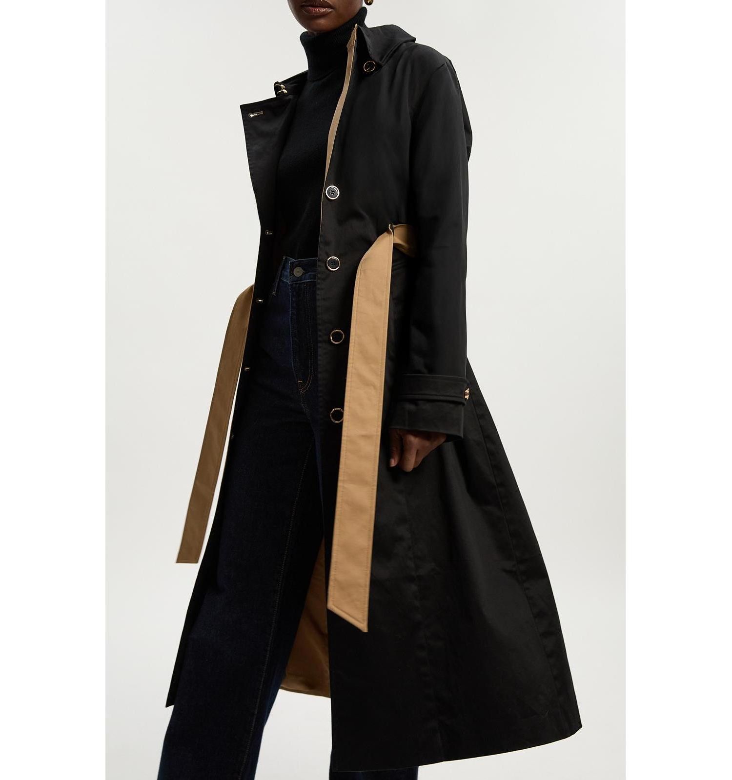 Women's Color Block Belted Tailored Trench Coat