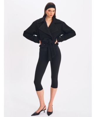 Women's Dara Black Wool Blend Cropped Double-Breasted Belted Coat