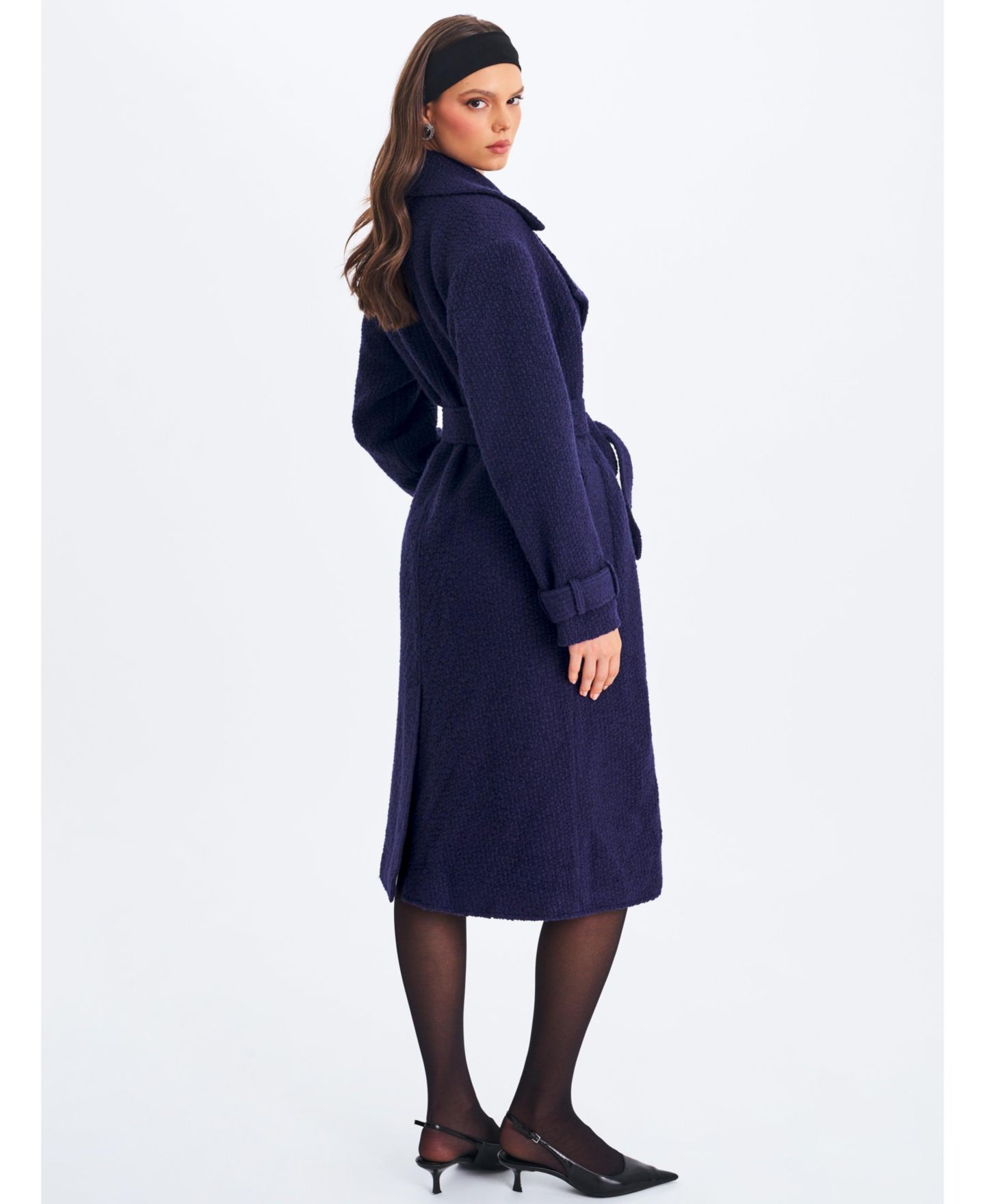 Женское пальто Miss Circle Jaelyn Midnight Blue Wool Blend Double-Breasted Belted, цвет: Тёмно-синий — фото 10