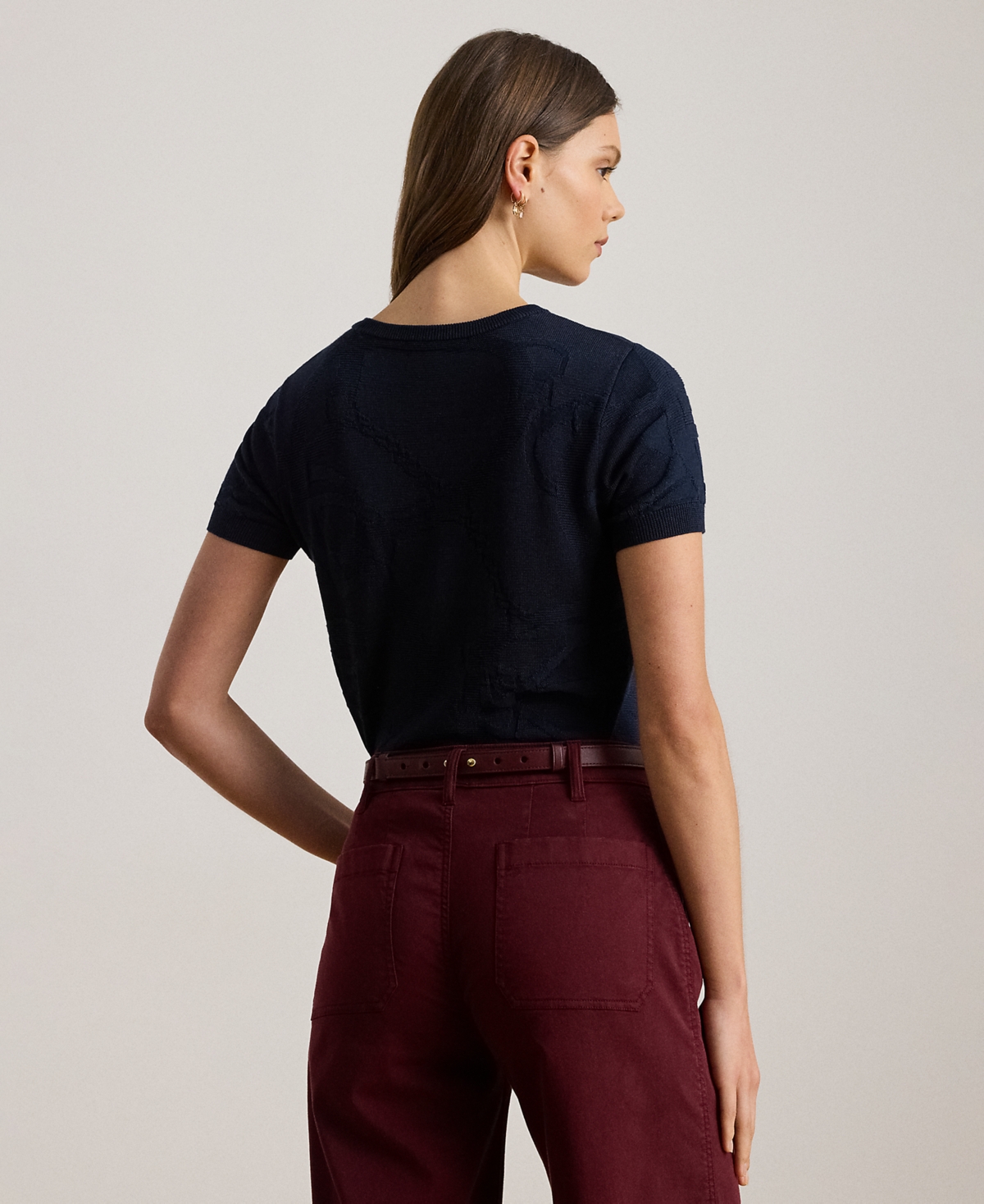 Ralph Lauren Petite Textured Belting-motif Short Sleeve Sweater In Blue