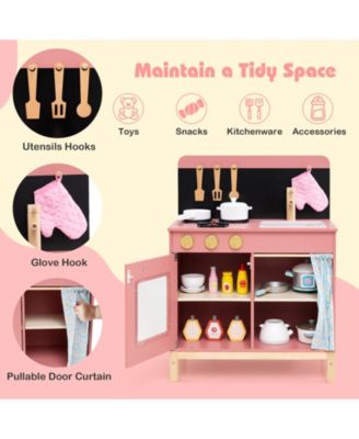 Play Kitchen for Kids w/ Door Curtain Stoves Sink & Oven Cookware Accessories